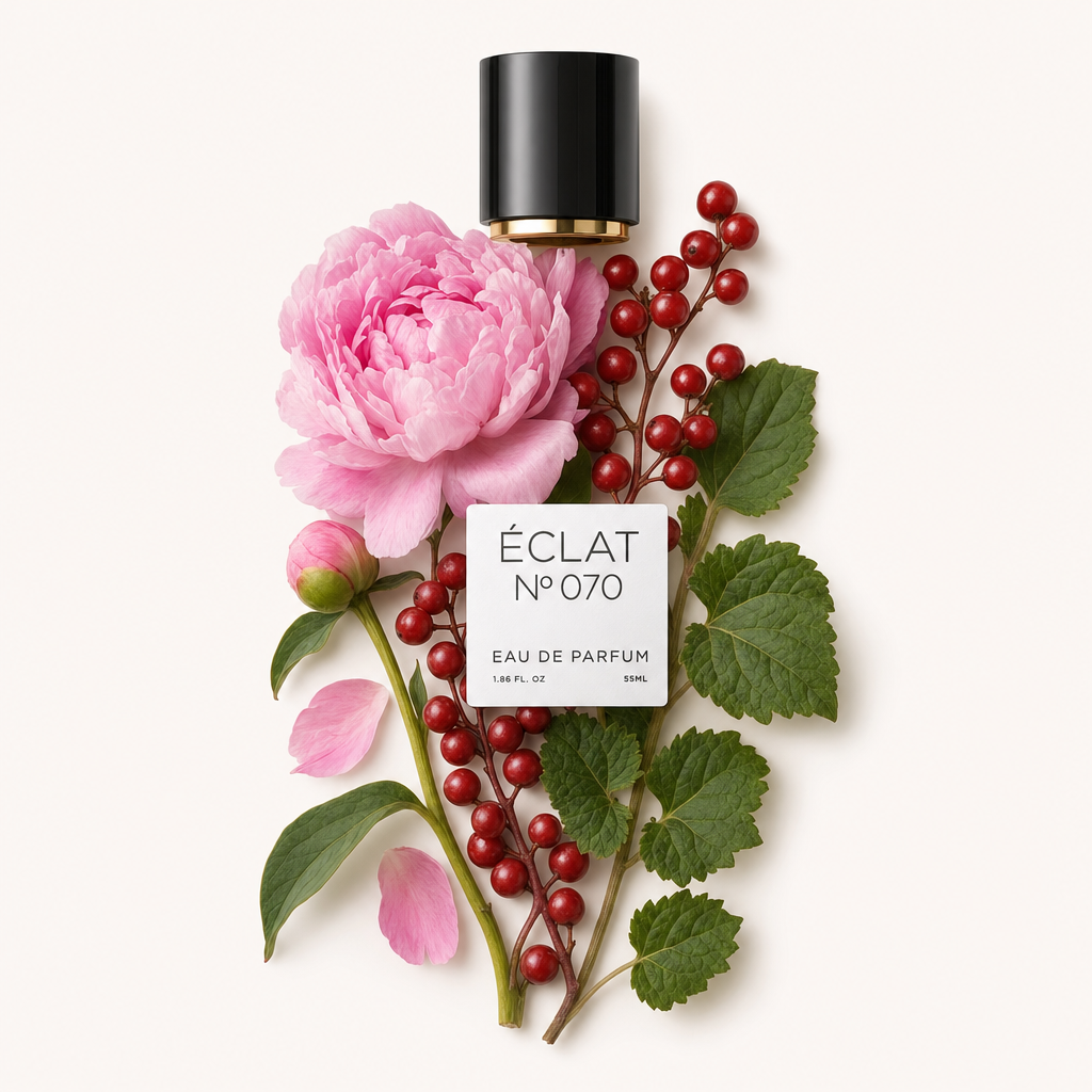 Układ różowych kwiatów piwonii i czerwonych jagód z zielonymi liśćmi, zwieńczony czarną zakrętką z etykietą ÉCLAT Peony & Patchouli.