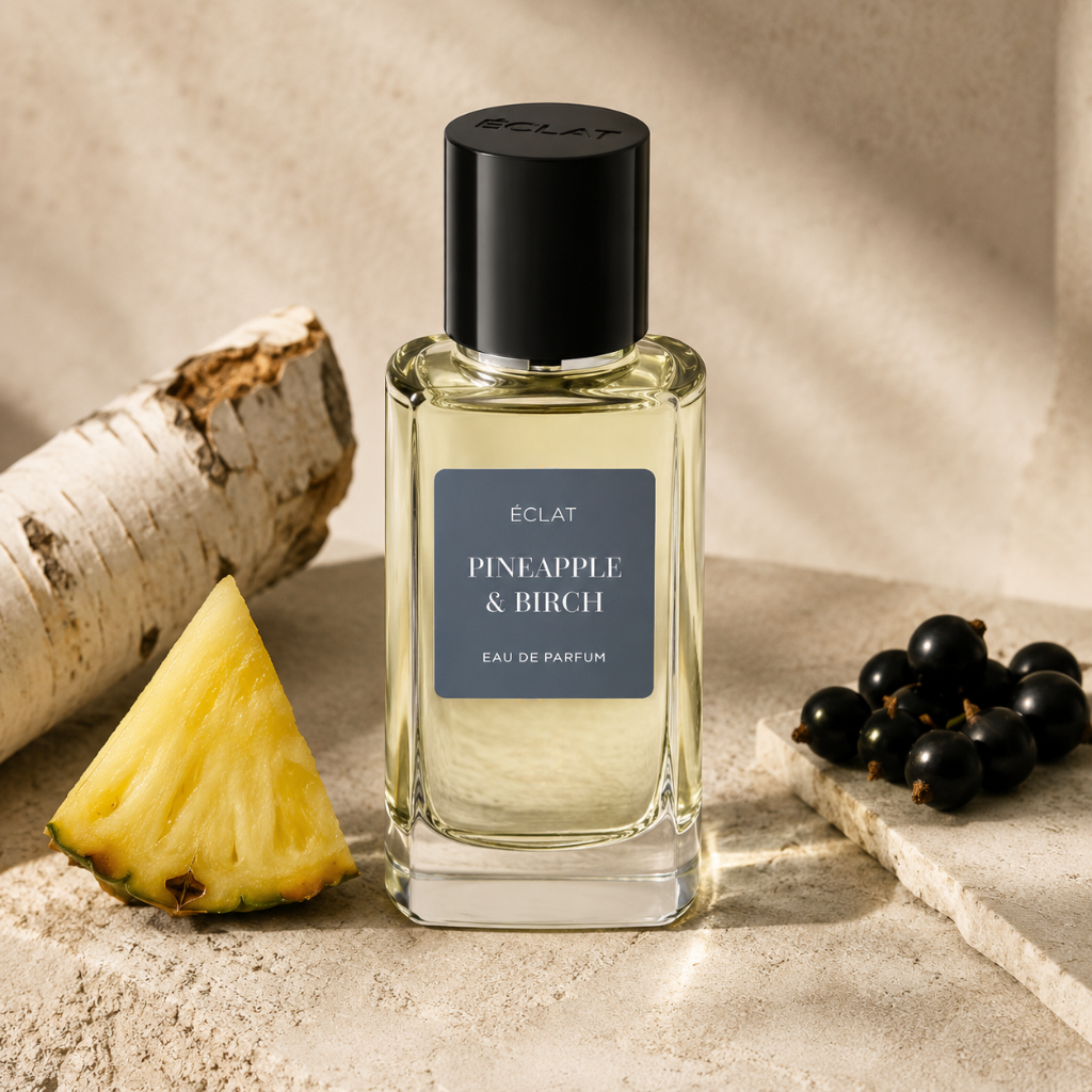Fasetowana szklana butelka ÉCLAT Pineapple & Birch z czarną nakrętką, otoczona pniem brzozy, kawałkiem ananasa i czarną porzeczką.