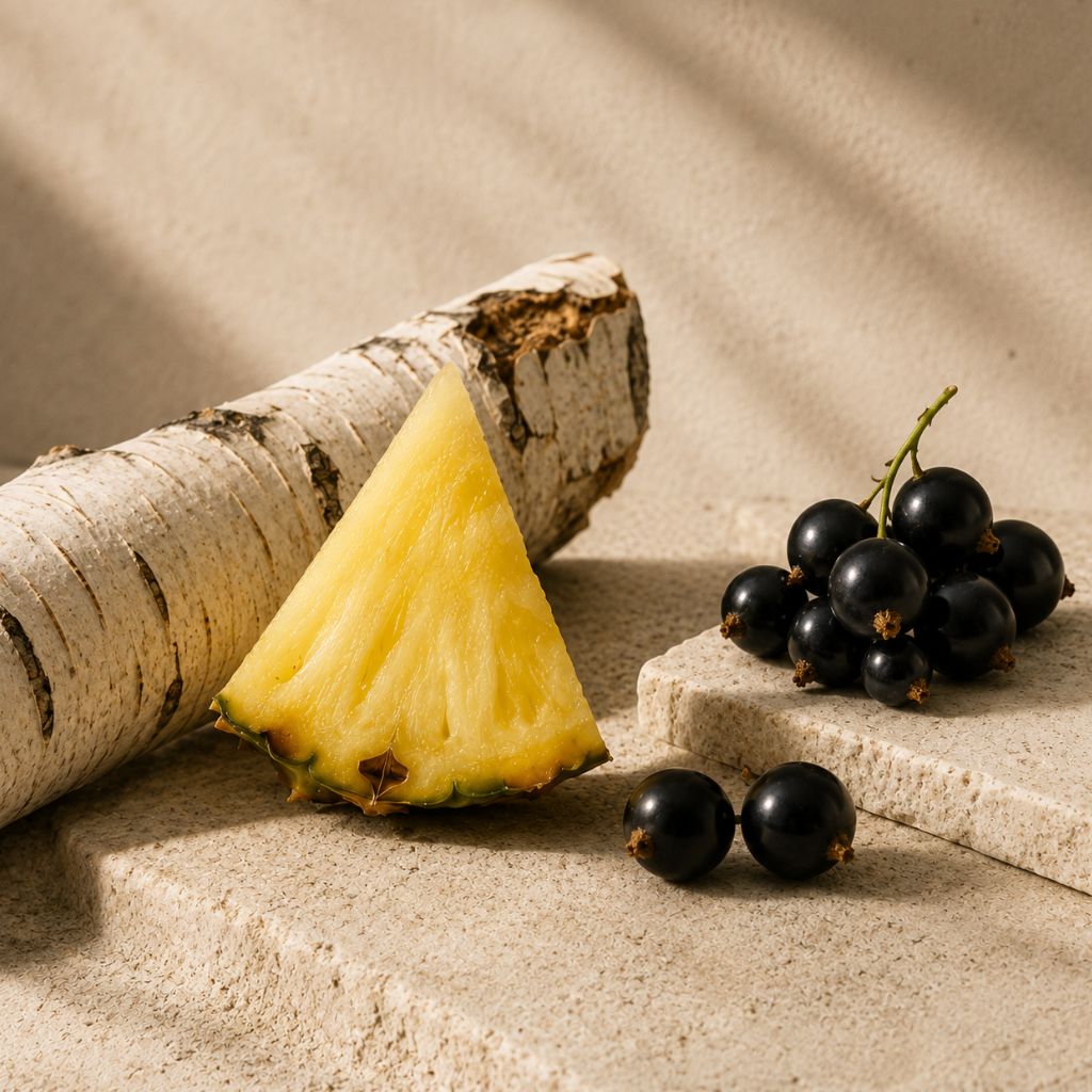 Kawałek ananasa, kora brzozy i czarne porzeczki elegancko ułożone na fakturowanych powierzchniach kamiennych, odzwierciedlające esencję ÉCLAT VIP - Pineapple & Birch.