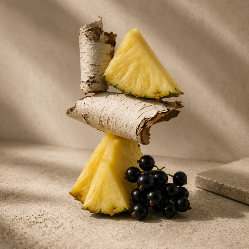 Kompozycja z plastrów świeżego ananasa ułożonych z korą brzozy i towarzyszących czarnych porzeczek, reprezentująca ÉCLAT VIP Pineapple & Birch.