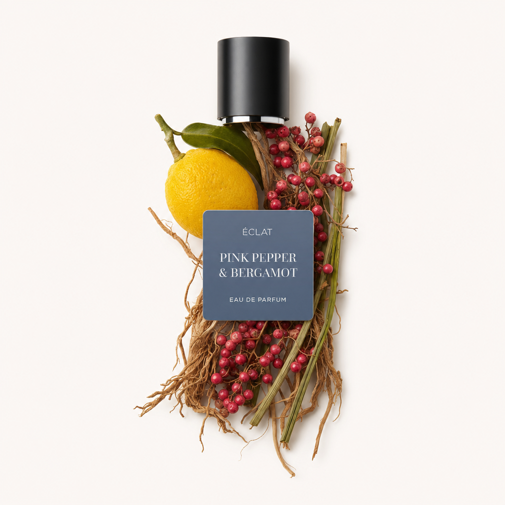 Aranżacja jagód różowego pieprzu, żółtej bergamotki i suszonej trawy otacza czarną nakrętkę z etykietą ÉCLAT Pink Pepper & Bergamot.