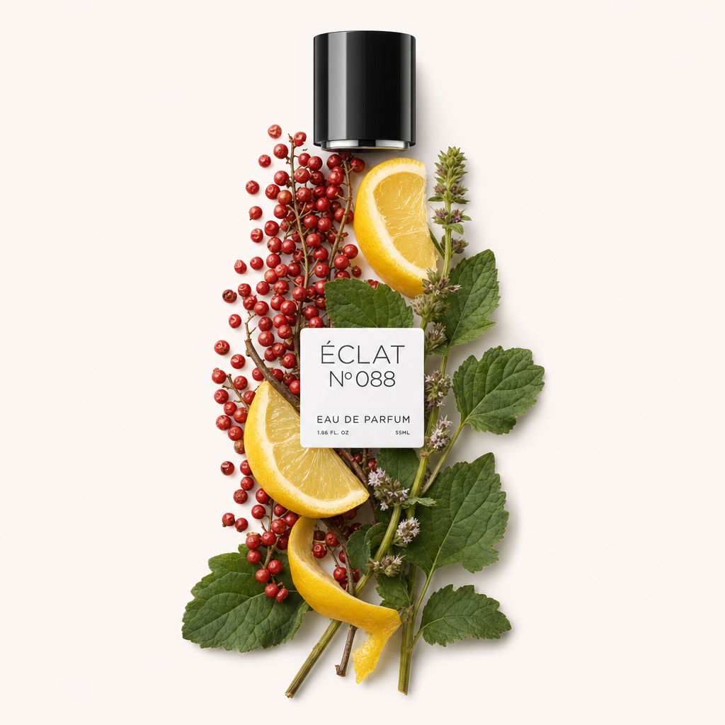 Kompozycja z jagód różowego pieprzu, plasterków cytrusów i zielonych liści wokół czarnego korka z etykietą ÉCLAT Pink Pepper & Citrus Fruits.