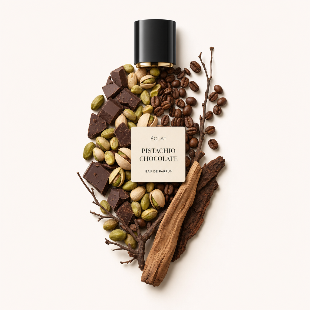 Aranżacja kawałków czekolady, pistacji, ziaren kawy i drewna, z czarną nakrętką i etykietą ÉCLAT Pistachio Chocolate na górze.