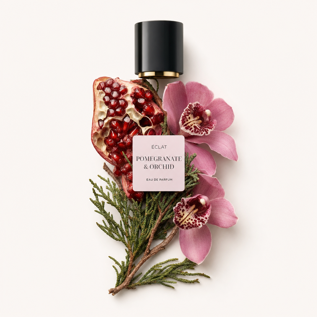 Ręcznie ułożona kompozycja z nasion granatu, różowych orchidei i zielonego listowia otacza czarną zakrętkę z etykietą ÉCLAT Pomegranate & Orchid.