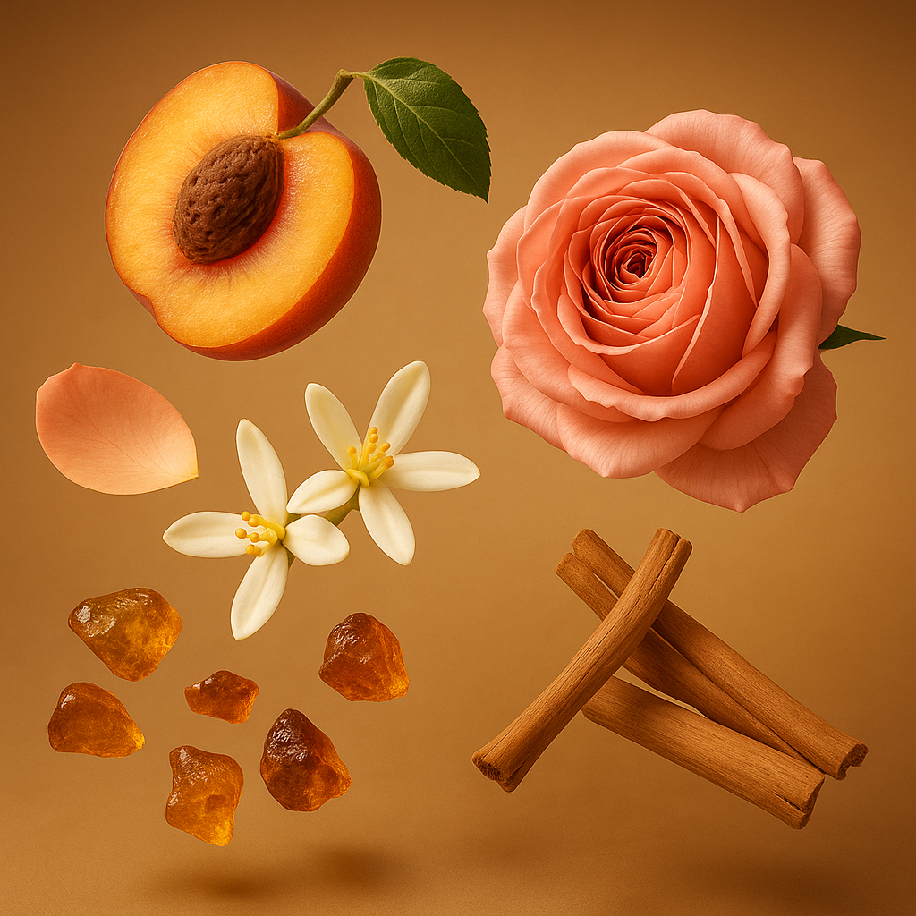 Kompozycja ÉCLAT Powdery Apricot z morelą, różą, laskami cynamonu, kwiatami i kawałkami bursztynu na ciepłym złotym tle.