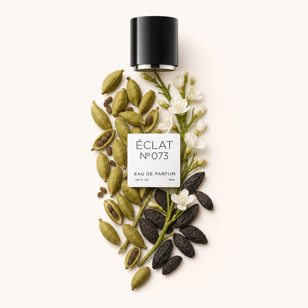 Kompozycja z ziaren kardamonu, białych kwiatów i fasoli tonka otacza czarną nakrętkę z etykietą ÉCLAT Powdery Cardamom.