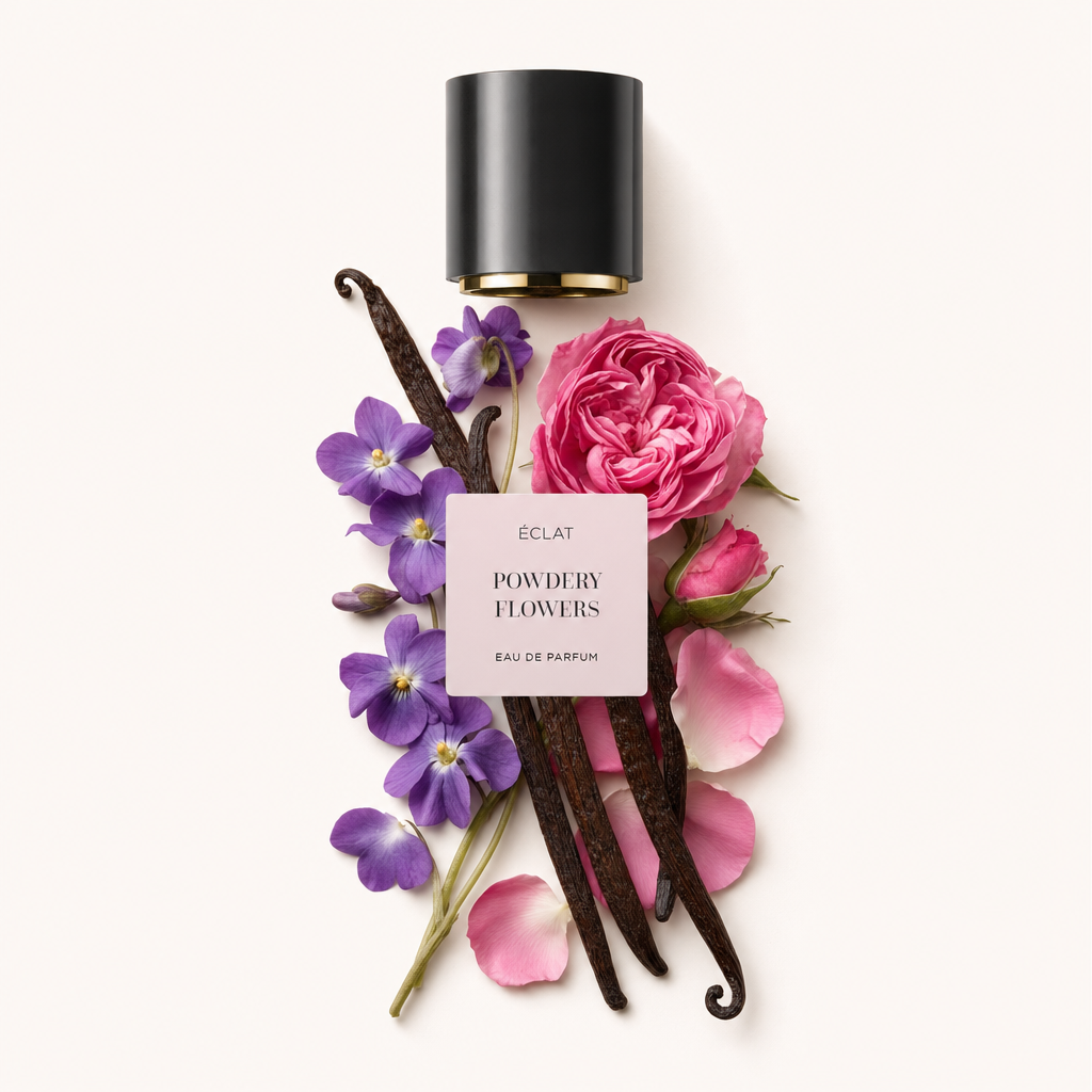Aranżacja fioletowych i różowych kwiatów z laskami wanilii, otaczająca czarną zakrętkę z etykietą ÉCLAT Powdery Flowers.