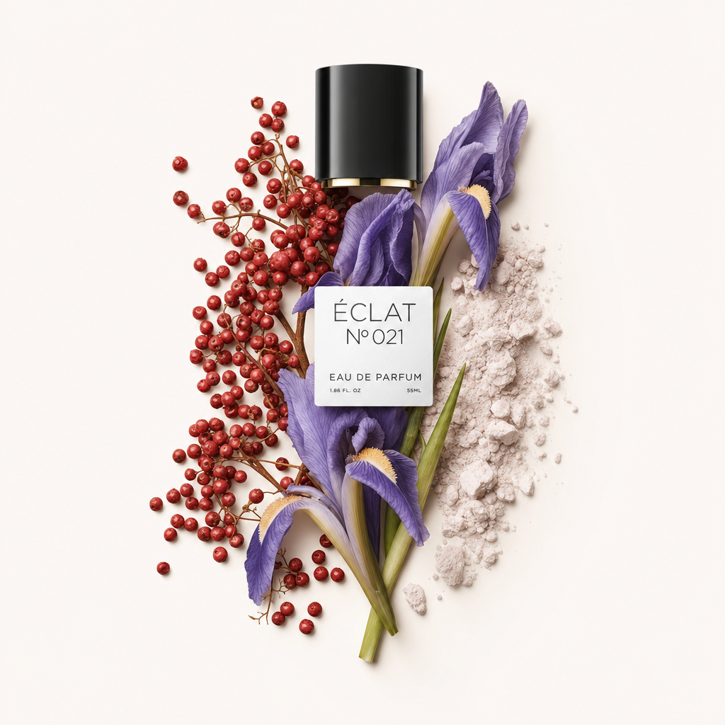 Aranżacja żywych fioletowych kwiatów, różowych ziaren pieprzu i delikatnego pudru z czarną nakrętką, na której widnieje etykieta ÉCLAT Purple Flowers & Powder.
