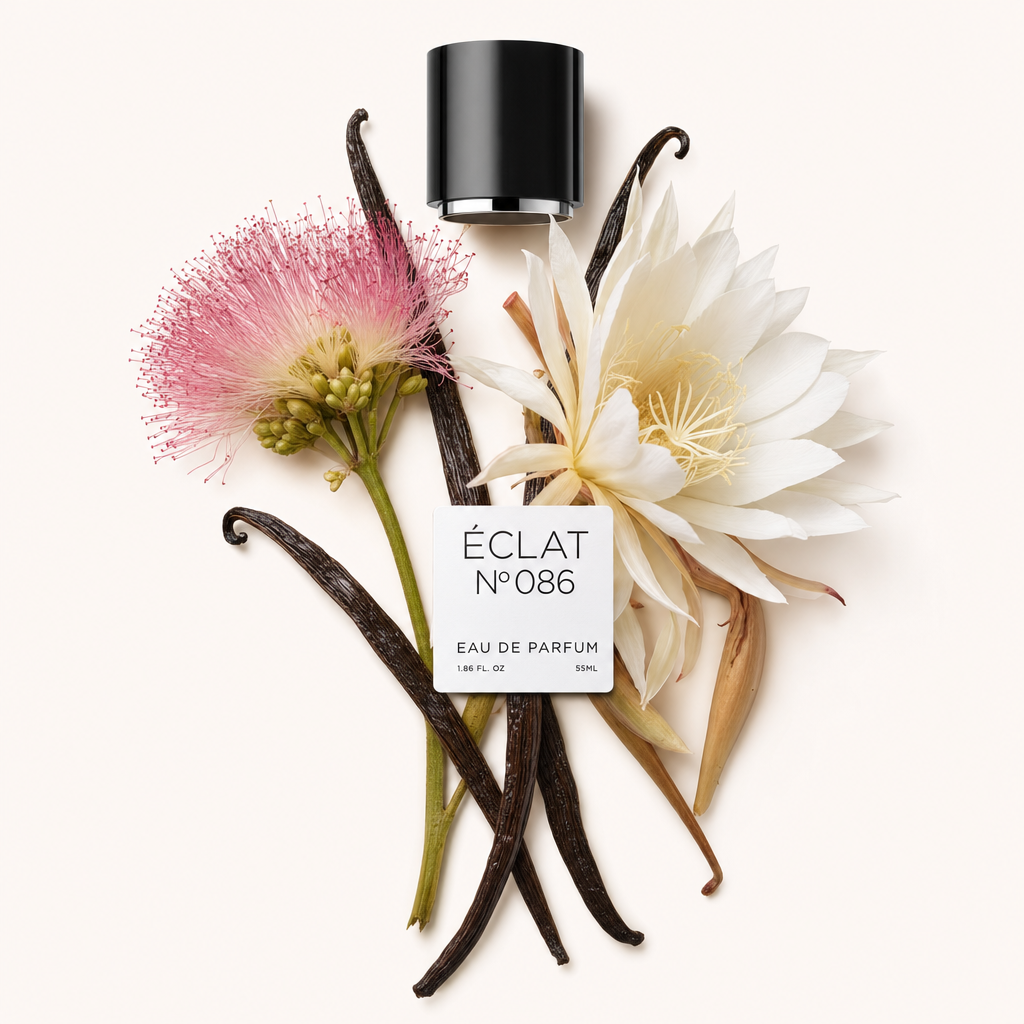 Kompozycja z białych i różowych kwiatów z laskami wanilii elegancko otacza czarną nakrętkę z napisem ÉCLAT Queen Of The Night & Vanilla.