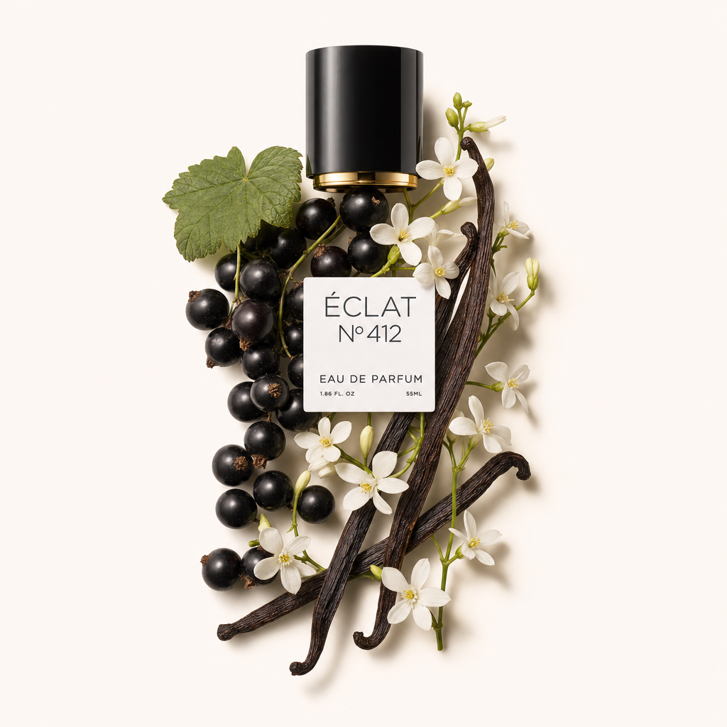 Kompozycja z czarnej porzeczki, białych kwiatów i lasek wanilii otacza czarną nasadkę ze złotym detalem i etykietą ÉCLAT Floral Vanilla.