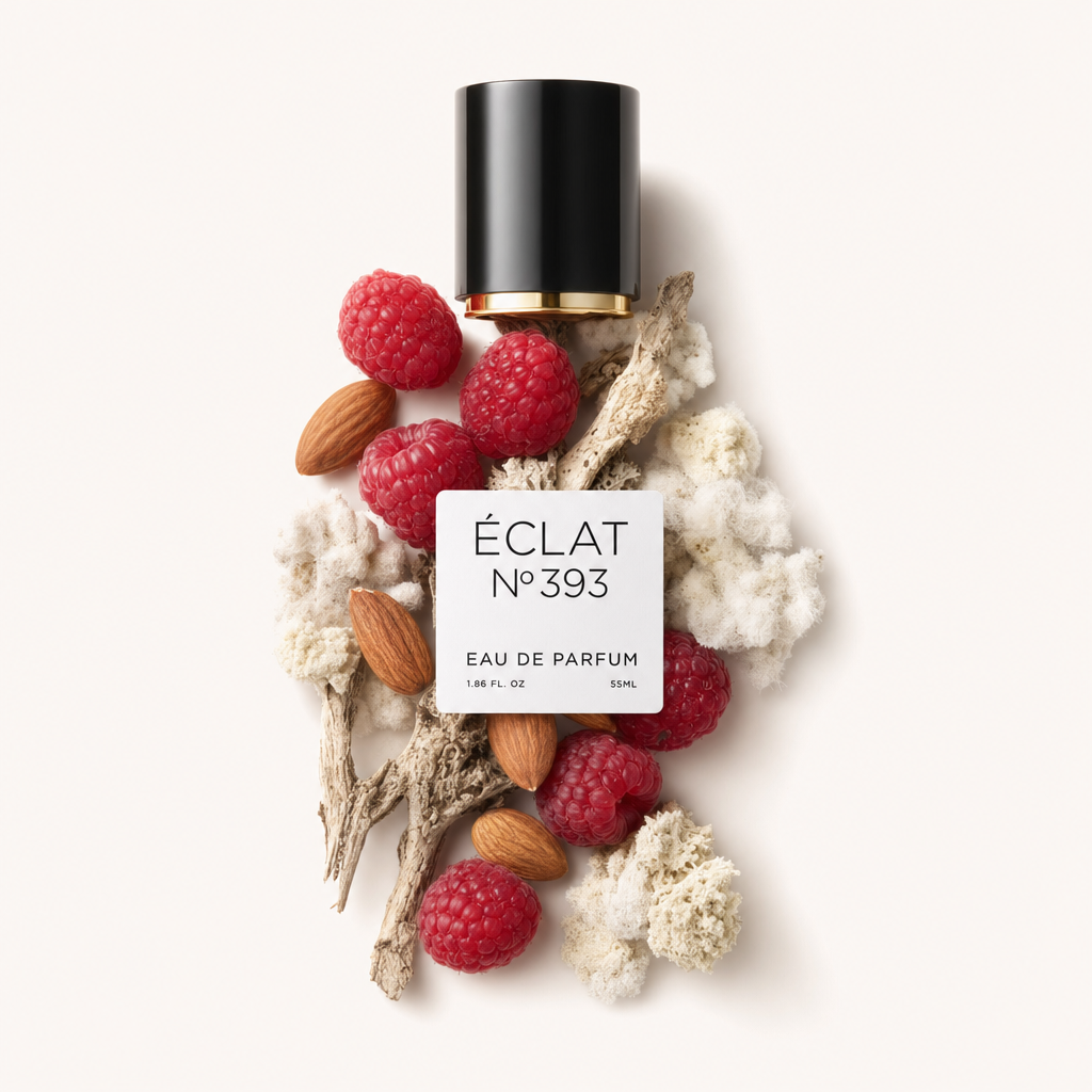 Kompozycja z świeżych malin, migdałów i naturalnych gałęzi drzewnych otacza czarną nakrętkę z etykietą ÉCLAT Musky Raspberry.