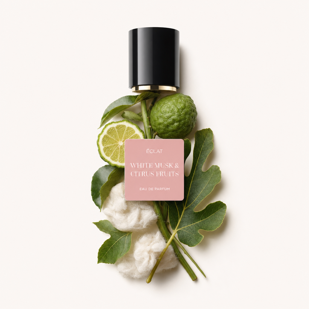 Aranżacja składników prezentująca ÉCLAT White Musk & Citrus Fruits, z limonką, bergamotką, zielonymi liśćmi i miękkimi włóknami, z oryginalną czarną nakrętką z etykietą.
