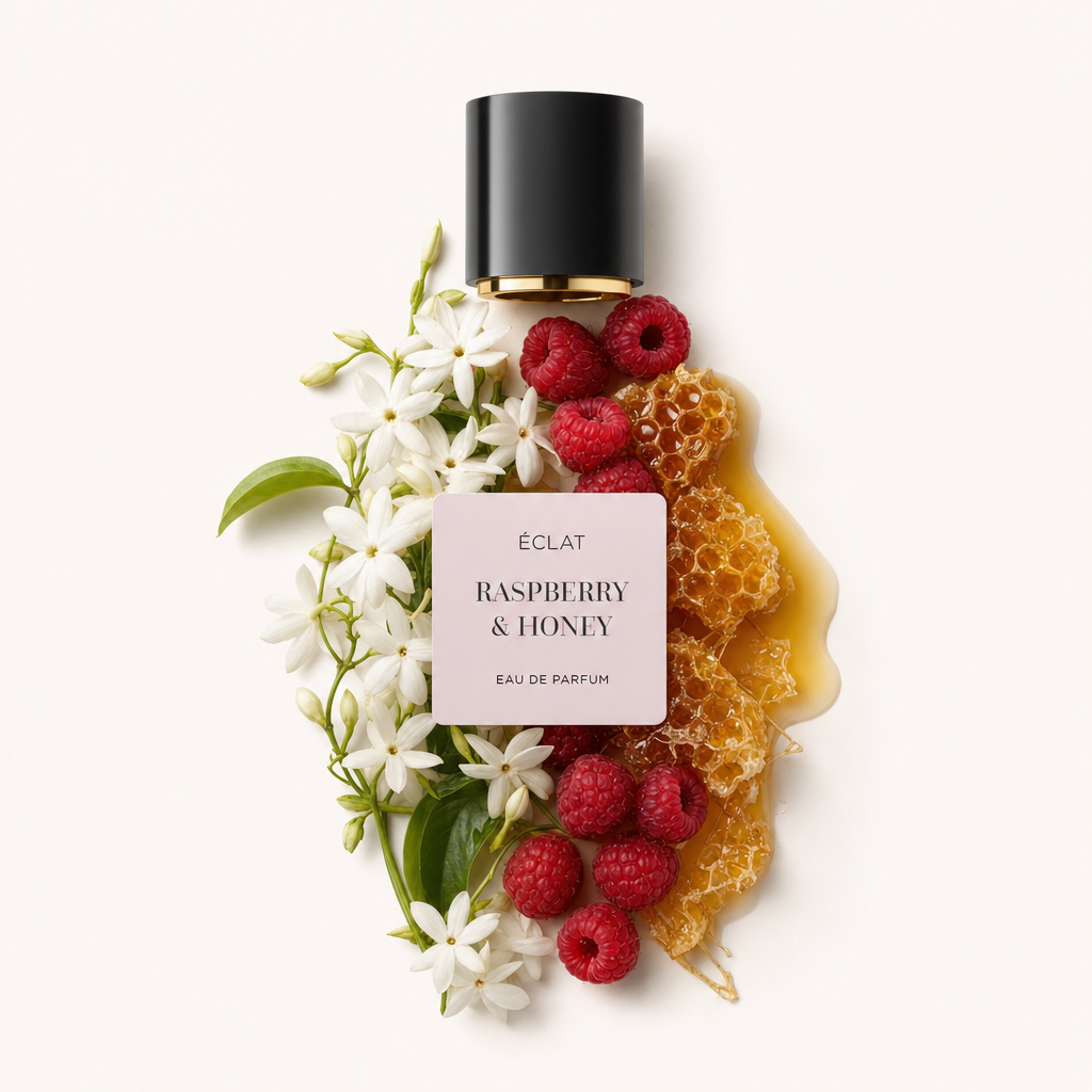 Eleganckie ułożenie świeżych malin, plastra miodu i kwiatów jaśminu otacza czarną nasadkę z etykietą ÉCLAT Raspberry & Honey.
