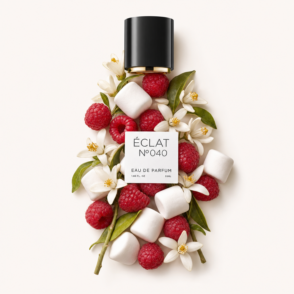 Aranżacja z białych pianek, świeżych malin i delikatnych białych kwiatów otacza czarną nakrętkę z etykietą ÉCLAT VIP Raspberry & Marshmallow.