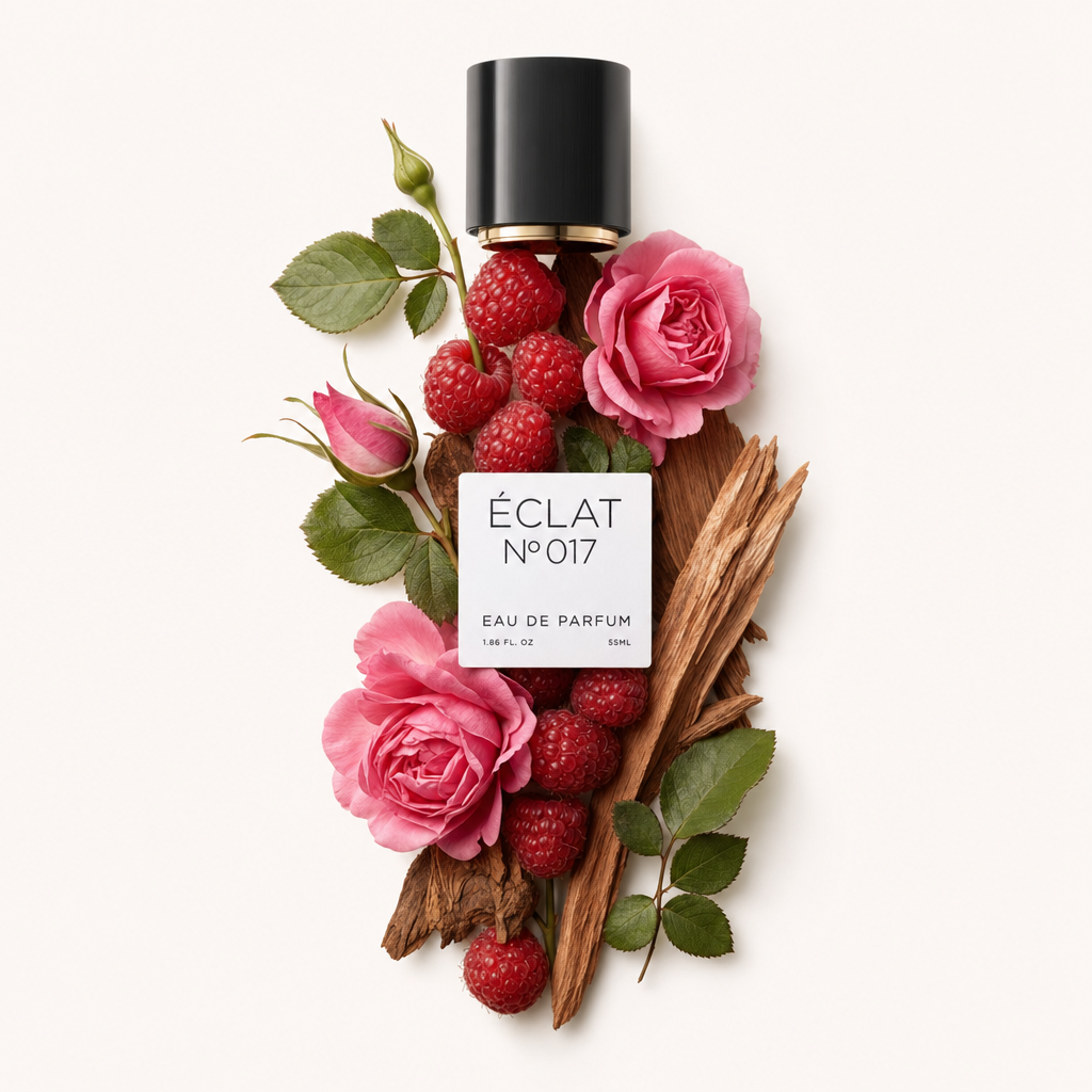 Aranżacja świeżych malin i różowych róż przeplatanych zielonymi liśćmi i drewnianymi akcentami. Na górze czarny korek z etykietą ÉCLAT Raspberry & Rose.
