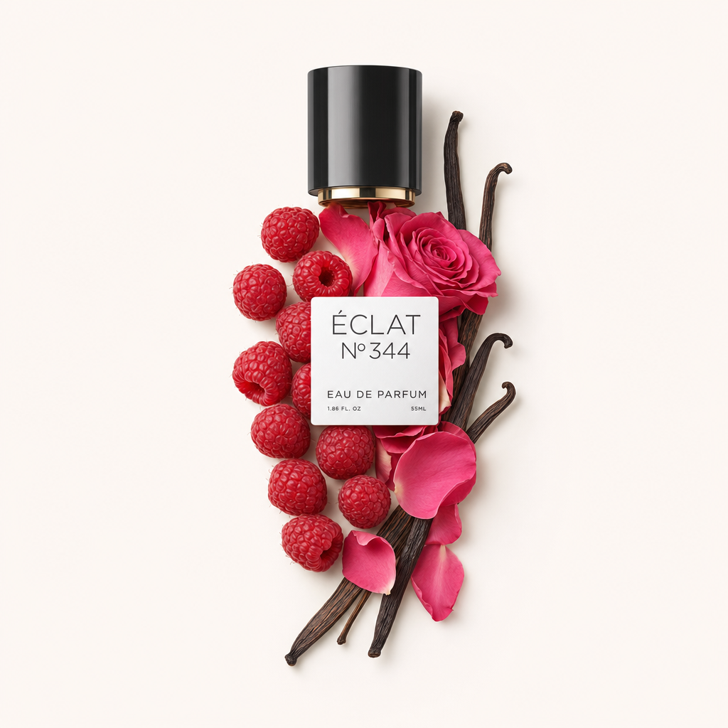 Elegancka kompozycja z malinami, różowymi płatkami róży i laskami wanilii otacza czarną nasadkę z białą etykietą ÉCLAT Raspberry & Vanilla.