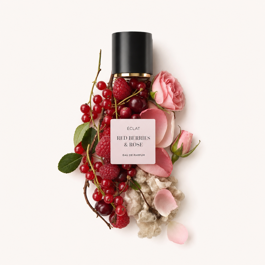 Kompozycja z czerwonych jagód, malin i różowych róż otacza czarną nakrętkę z etykietą ÉCLAT Red Berries & Rose.