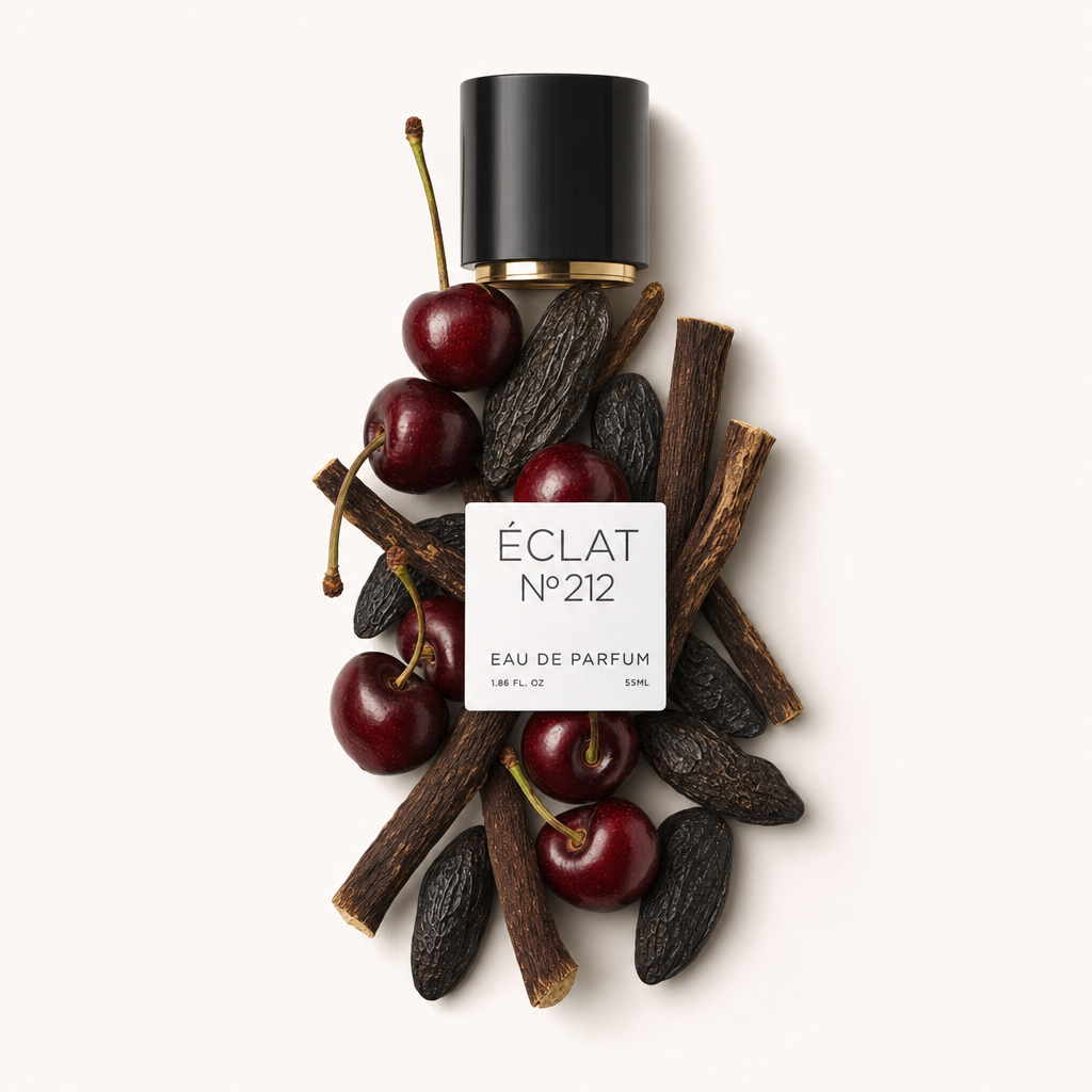 Kompozycja złożona ze świeżych wiśni i strąków wanilii otacza czarną nakrętkę ze złotym akcentem, z etykietą ÉCLAT Rose & Cherry.