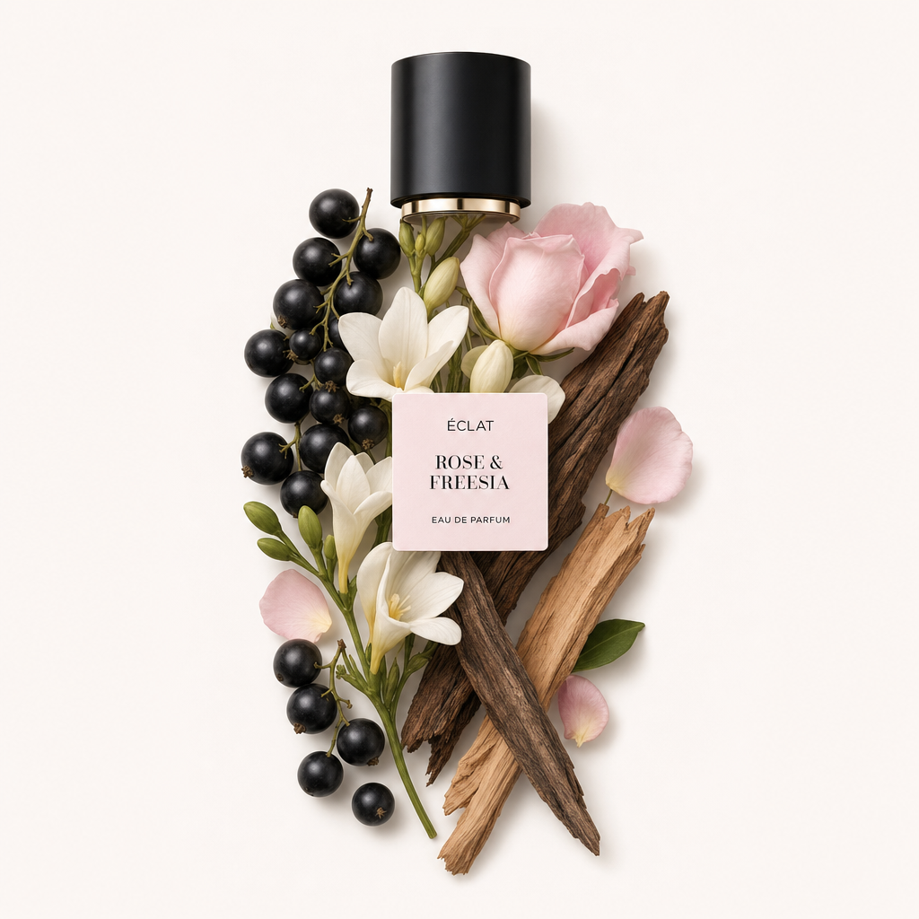Układ z świeżej róży, frezji, czarnych porzeczek i nut drzewnych otacza czarną nakrętkę z etykietą ÉCLAT Rose & Freesia.