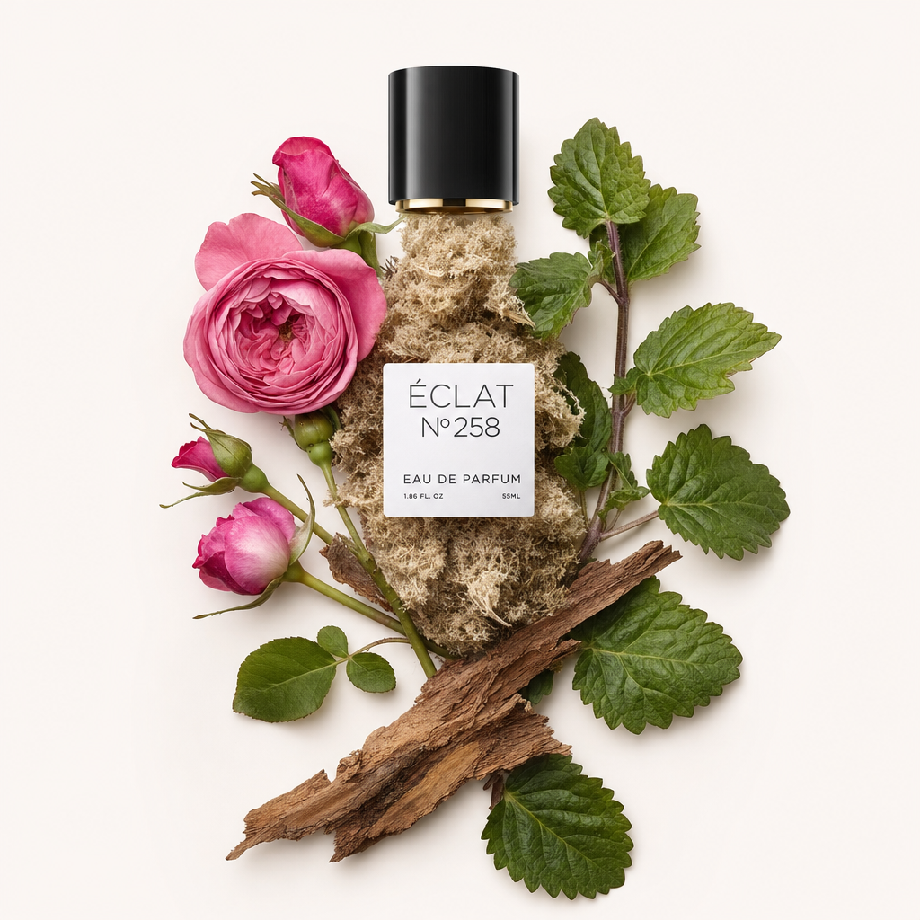 Ręcznie ułożona kompozycja ze świeżych róż, miękkiego mchu i elementów drewnianych, z czarną nakrętką i etykietą ÉCLAT Rose, Musc & Woods na górze.