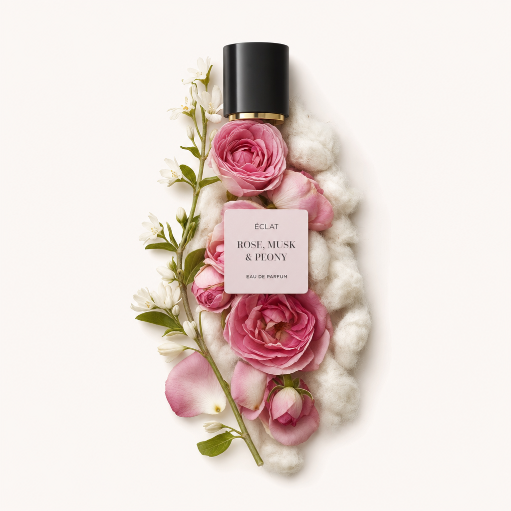 Aranżacja z różowych róż, białych kwiatów i miękkiej bawełny otacza czarną nakrętkę ze złotym paskiem. Etykieta wskazuje ÉCLAT Rose, Musk & Peony.