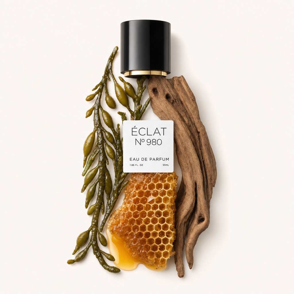 Kompozycja z wodorostów, plastra miodu i drewna dryfującego otacza czarną nakrętkę z etykietą ÉCLAT Salty Honey & Woods.