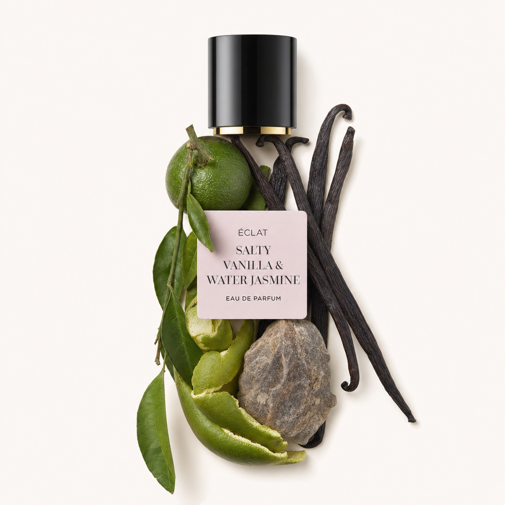 Aranżacja z limonki, strąków wanilii i zielonych liści z kamieniem, otoczona czarną nasadką z etykietą ÉCLAT Salty Vanilla & Water Jasmine.