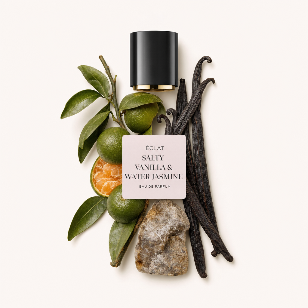 Układ przedstawiający składniki ÉCLAT Salty Vanilla & Water Jasmine z cytrusami, laskami wanilii i kamieniem obok czarnej nasadki z etykietą.