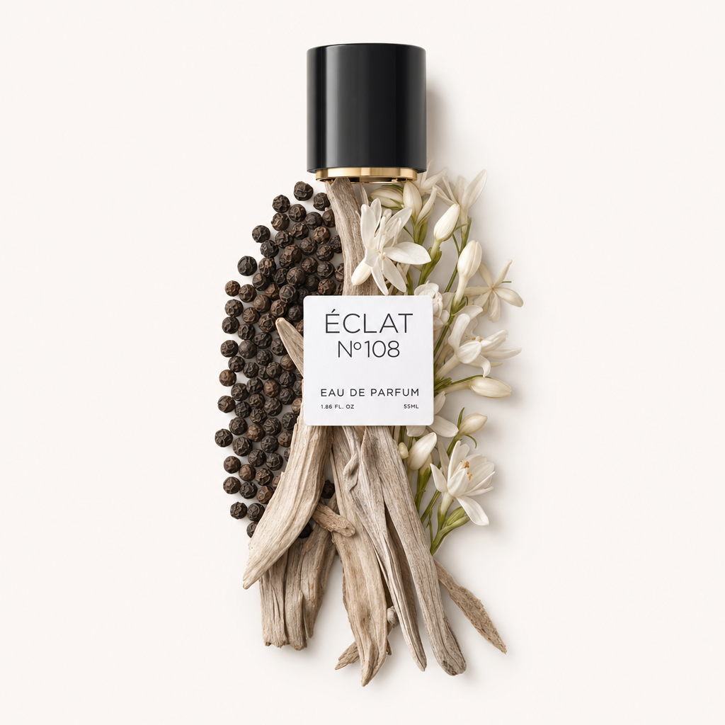 Aranżacja z drewna sandałowego, ziaren czarnego pieprzu i kwiatów gardenii z czarną nasadką oznaczoną ÉCLAT Sandalwood & Gardenia.