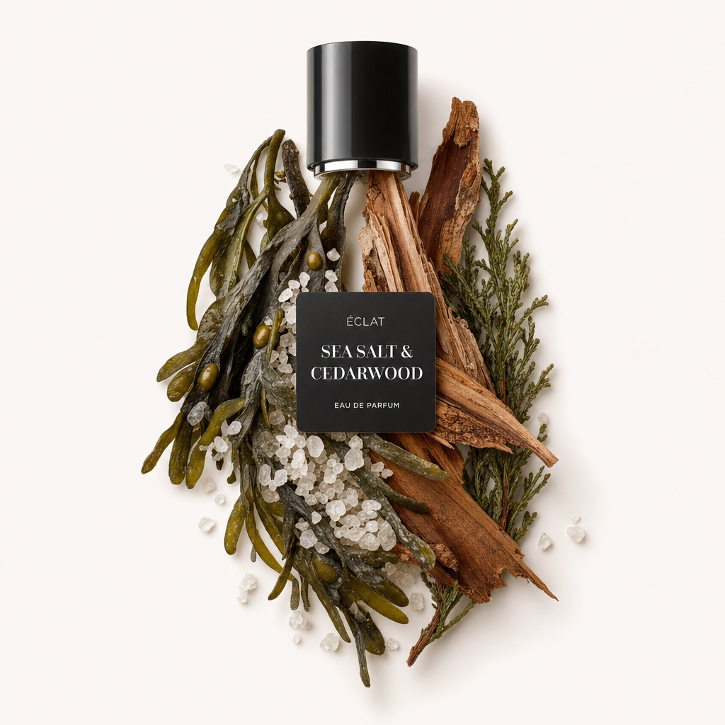 Kompozycja z wodorostów, kryształków soli, drewna cedrowego i zielonych gałązek otacza czarną nakrętkę z etykietą ÉCLAT Sea Salt & Cedarwood.
