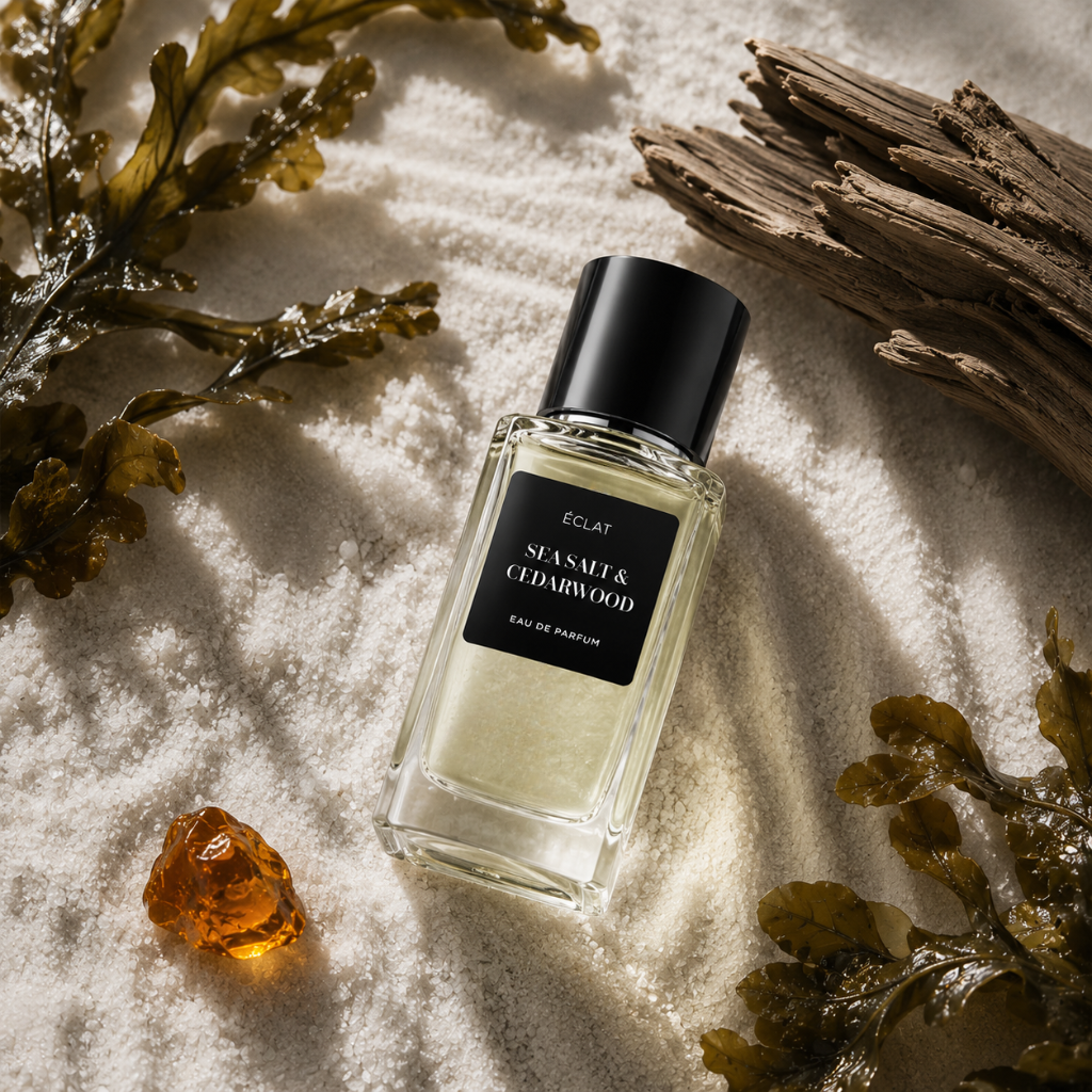 Flakon perfum ÉCLAT Sea Salt & Cedarwood z czarną nakrętką na grubozrnną sól, otoczony dryfującym drewnem, bursztynem i wodorostami.