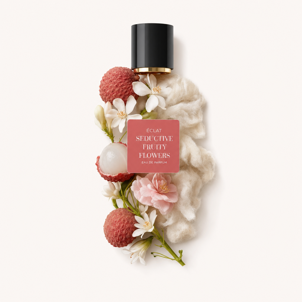 Ułożenie liczi, delikatnych kwiatów i miękkiej kremowej tkaniny wokół czarnej nasadki z etykietą ÉCLAT Seductive Fruity Flowers.
