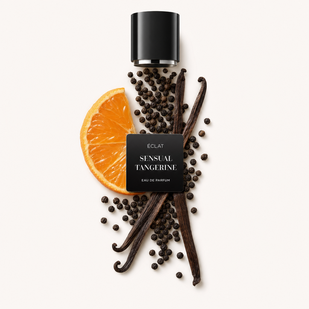 Ręcznie ułożona martwa natura z plasterkiem mandarynki, strąkami wanilii i ziarenkami pieprzu otacza etykietę ÉCLAT Sensual Tangerine. Na górze czarna nakrętka.