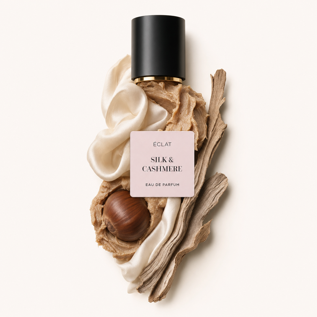 Kompozycja z jedwabnej tkaniny, kremowych nut kaszmiru i pojedynczego orzecha, zaakcentowana czarną nakrętką z etykietą ÉCLAT Silk & Cashmere.