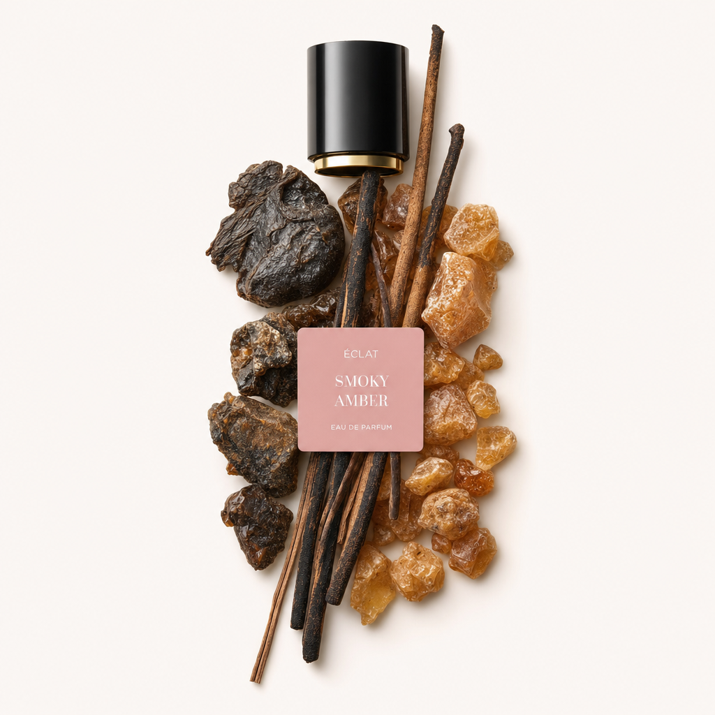 Aranżacja kawałków bursztynu, suche gałęzie drewna i ciemnej żywicy z korkiem ÉCLAT Smoky Amber w czarno-złotym wzorze.