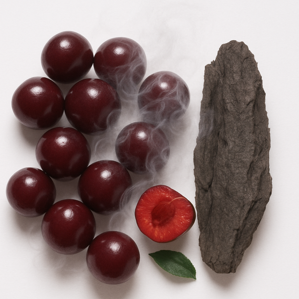 Bogate ciemne wiśnie i ziemista kora z nutą dymu oraz świeżym zielonym liściem, oddając istotę ÉCLAT Smoky Cherry.