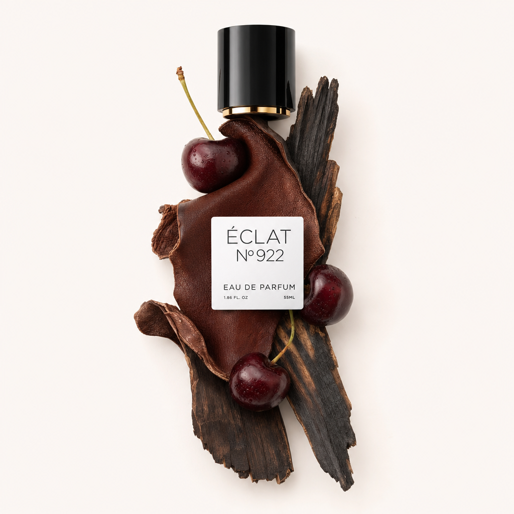 Kompozycja z dojrzałych wiśni, ciemnego drewna i kawałka skóry z czarną zatyczką z etykietą, reprezentująca ÉCLAT Smoky Cherry.