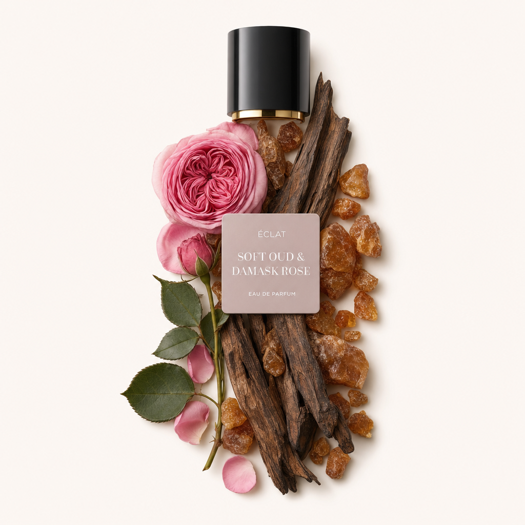 Kompozycja z drewna oud, róży damasceńskiej, płatków róż i żywic bursztynowych z czarnym korkiem z napisem ÉCLAT Soft Oud & Damask Rose.