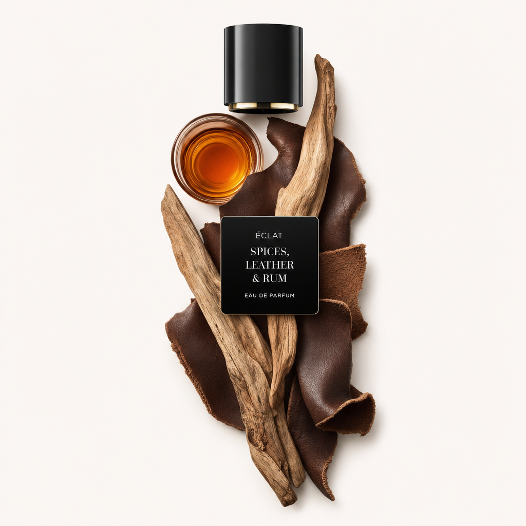 Artystyczna kompozycja z drewna dryfującego, brązowej skóry i szklanki bursztynowego płynu, z czarną nasadką i etykietą ÉCLAT Spices, Leather & Rum.