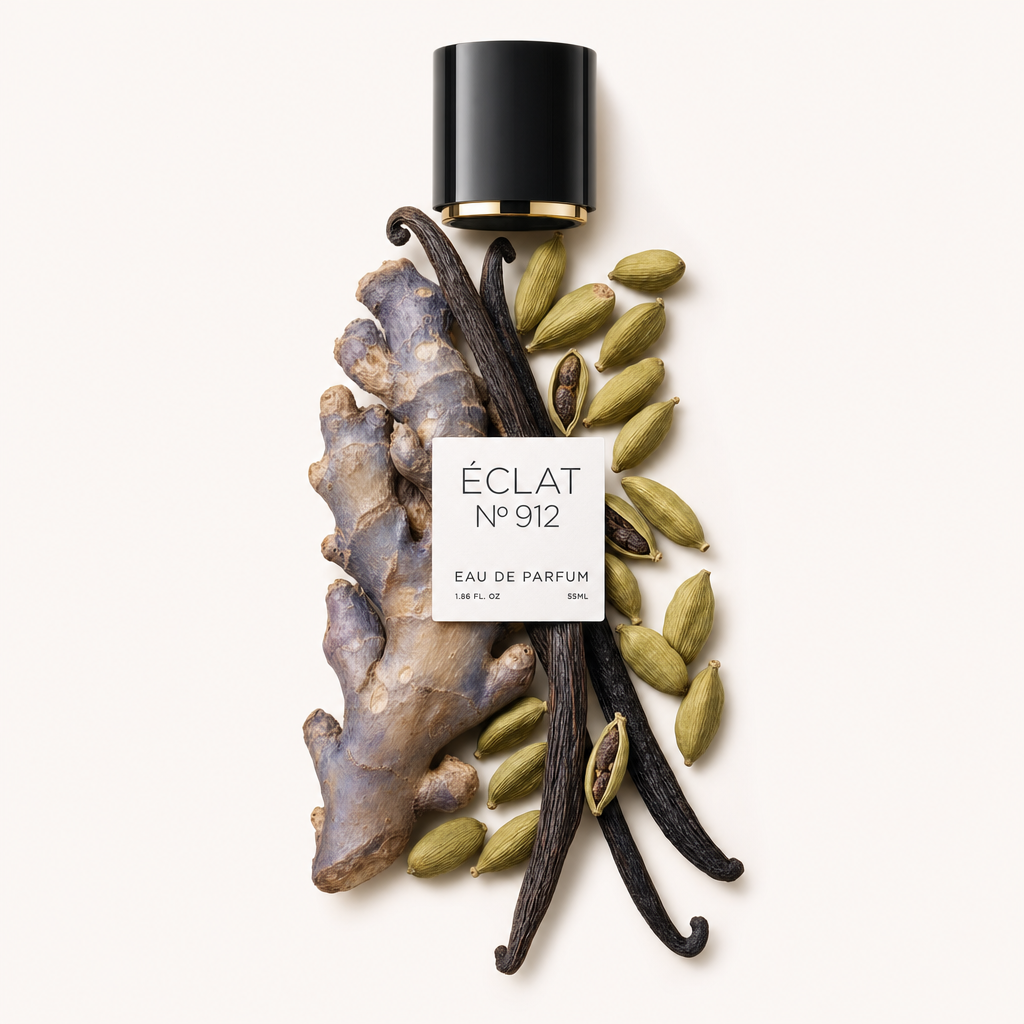 Starannie ułożona martwa natura z laskami wanilii, strąkami kardamonu i korzeniem imbiru, z widoczną czarną nasadką i etykietą ÉCLAT VIP - Spicy Blue Ginger.
