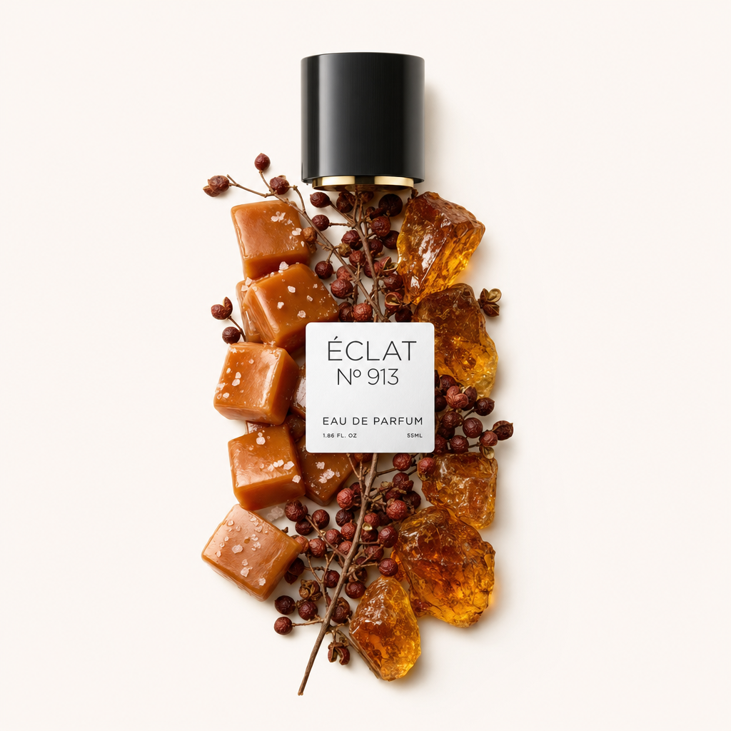 Ręcznie ułożona martwa natura z składnikami ÉCLAT Spicy Caramel z kostkami karmelu, bursztynową żywicą i jagodami pieprzu wokół czarnej nakrętki z etykietą.