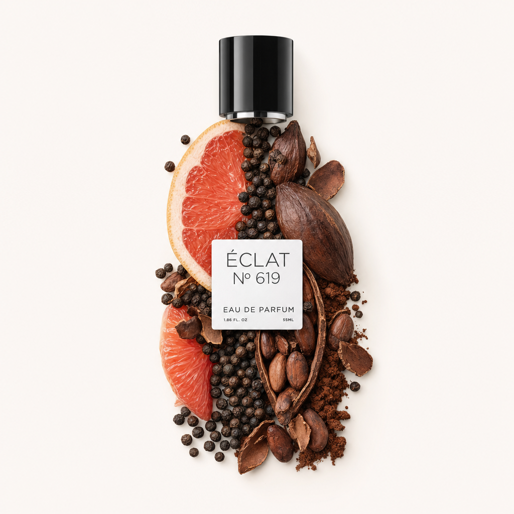 Martwa natura ÉCLAT Spicy Cocoa: plastry grejpfruta, ziarna kakao i ziarenka pieprzu rozmieszczone wokół czarnej nakrętki z etykietą.