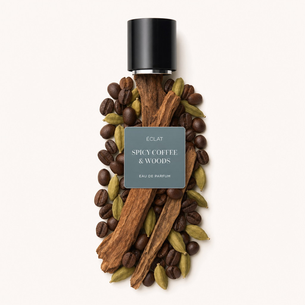 Artystyczne ułożenie ziaren kawy, strąków kardamonu i drewnianych patyczków otacza czarną nakrętkę z etykietą ÉCLAT Spicy Coffee & Woods.