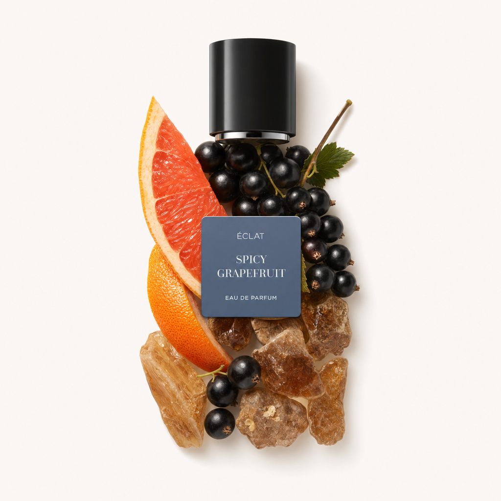 Ułożenie plasterka grejpfruta, czarnej porzeczki i kryształów bursztynu otacza czarną nakrętkę z etykietą ÉCLAT Spicy Grapefruit.