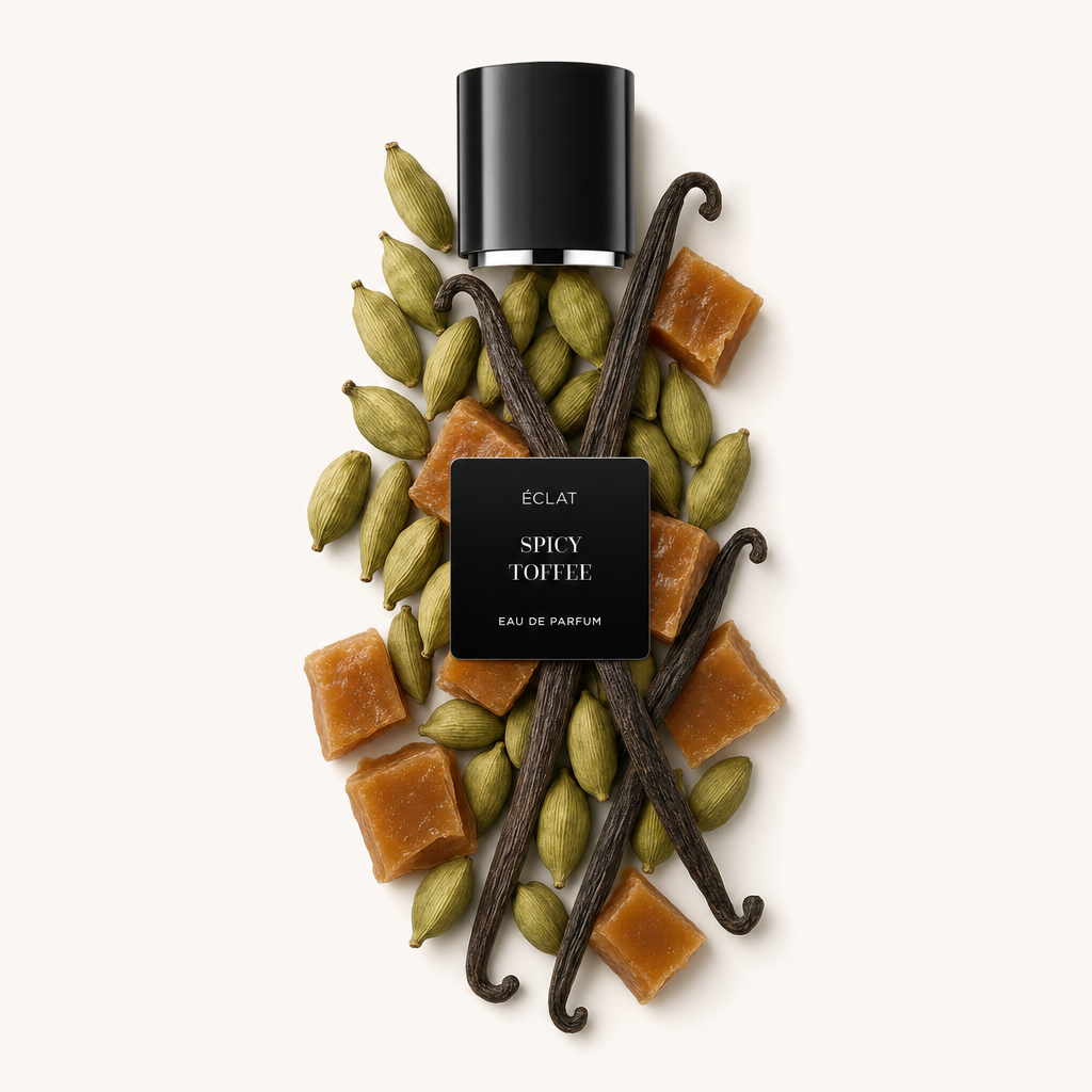 Artystyczna aranżacja strąków kardamonu, lasek wanilii i kawałków toffi otacza czarną nakrętkę z etykietą ÉCLAT Spicy Toffee Eau de Parfum.