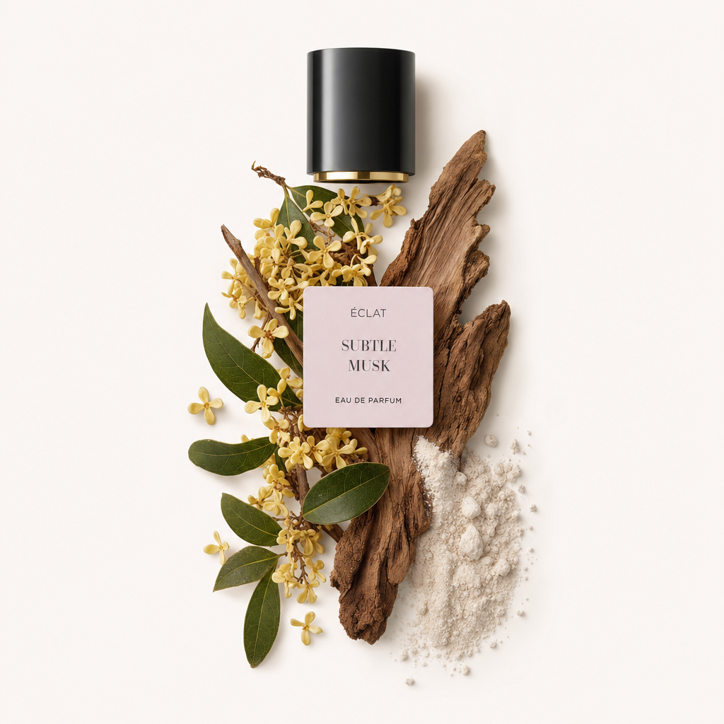 Aranżacja delikatnych żółtych kwiatów, zielonych liści, rustykalnego drewna i białego proszku, obok czarnej nasadki ze złotą opaską i etykietą ÉCLAT Subtle Musk.