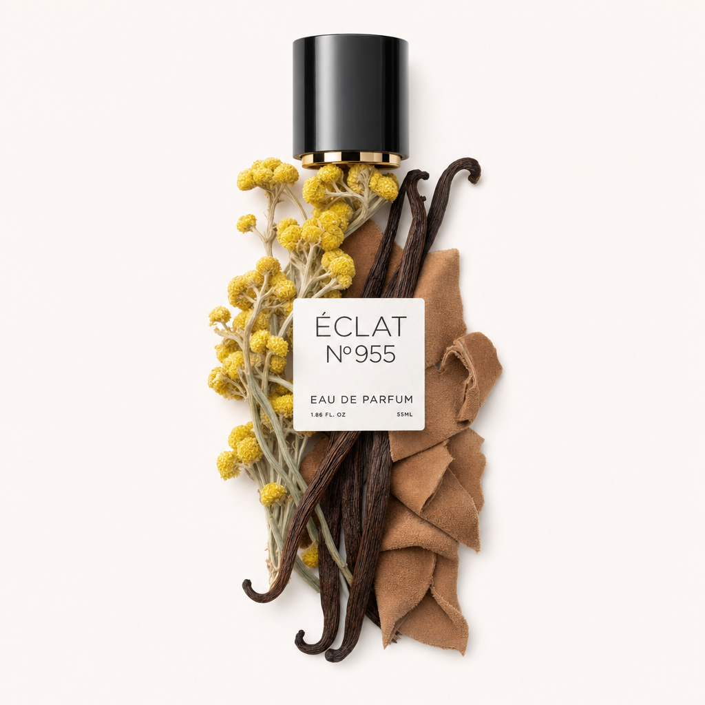 Aranżacja z żółtych kwiatów, strąków wanilii i kawałków zamszu otacza oryginalną czarną nakrętkę z etykietą ÉCLAT Suede & Vanilla.