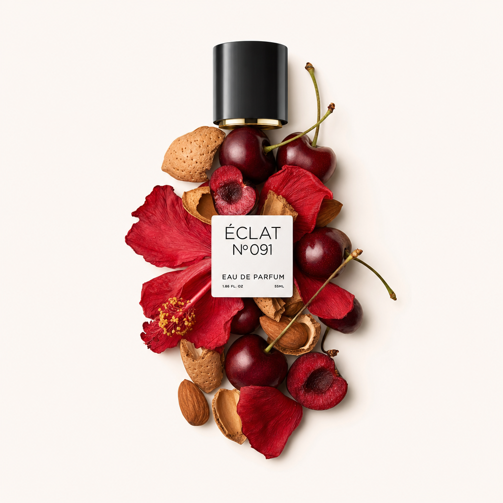 Kompozycja z wiśni, łupin migdałów i czerwonych płatków hibiskusa otacza czarną nakrętkę z etykietą ÉCLAT Sweet Amaretto.