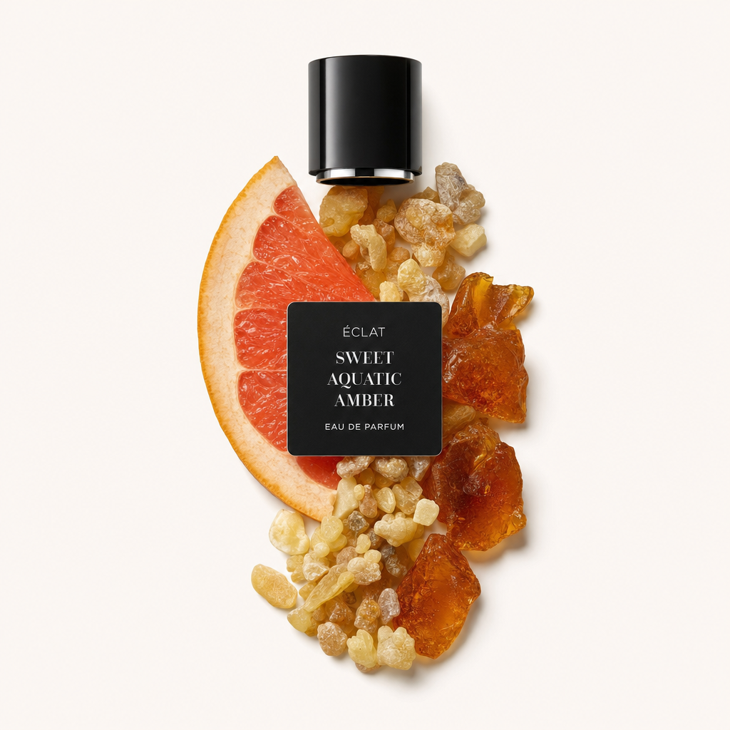Kompozycja z grejpfruta, żywicy i bursztynu otacza oryginalny korek ÉCLAT Sweet Aquatic Amber z etykietą.