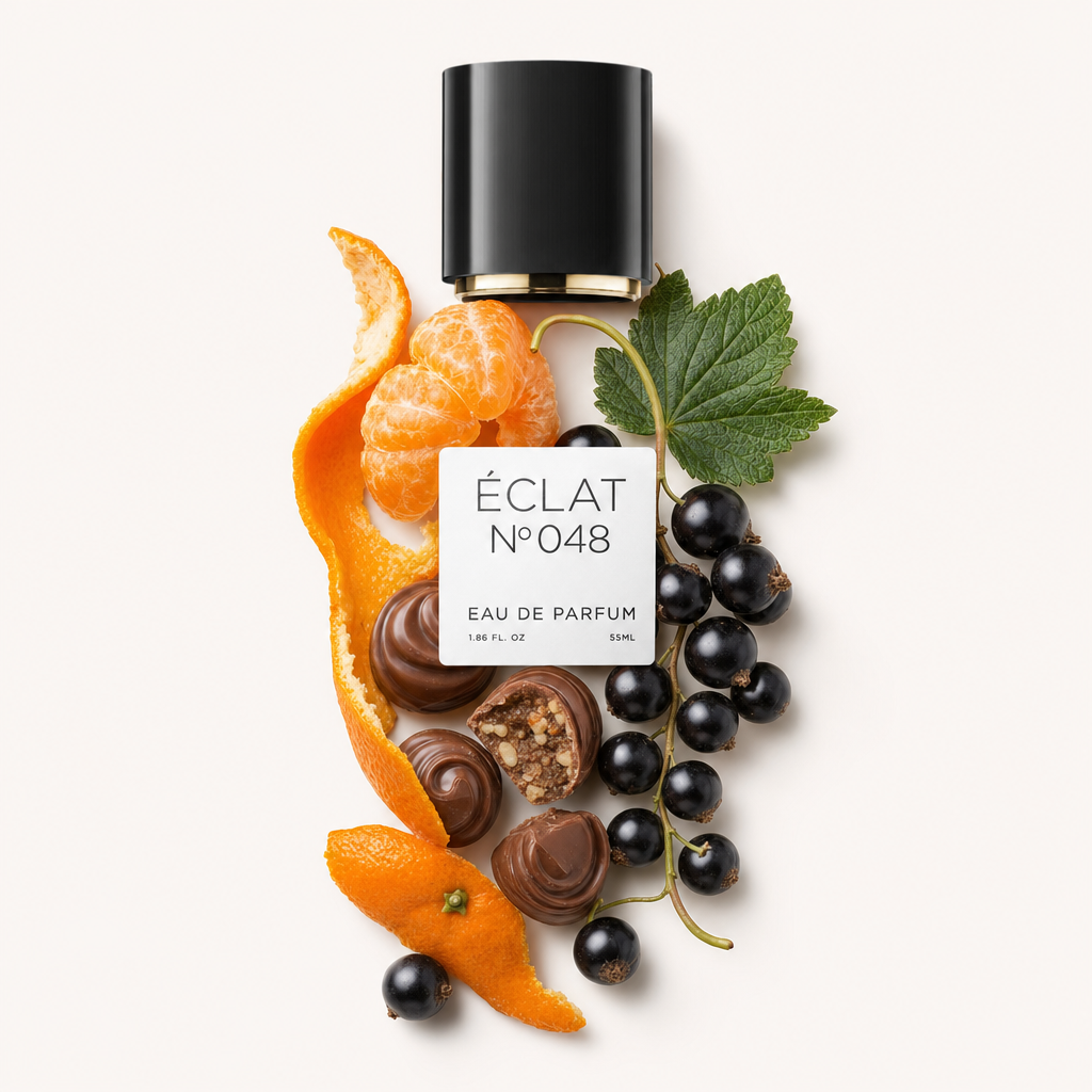 Aranżacja ze świeżych czarnych porzeczek, skórki cytrusowej i czekoladek otacza czarną nasadkę z etykietą ÉCLAT Sweet Blackcurrant.